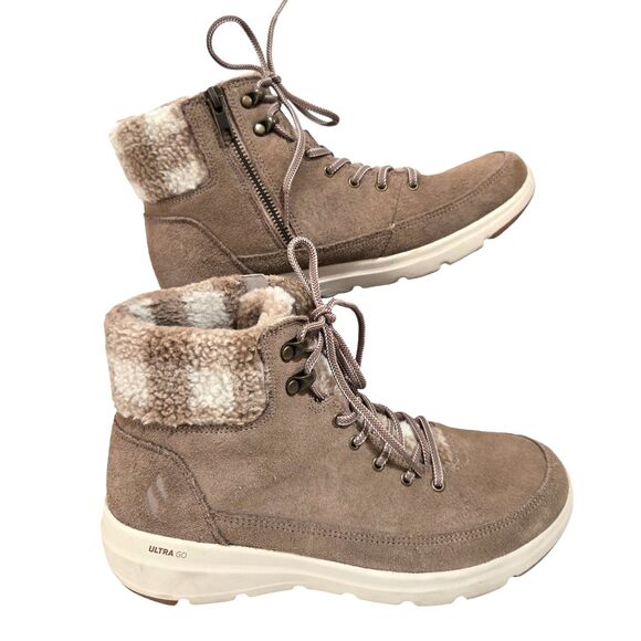Skechers Suede Leather Boots 8.5/38.5 Ultra GO Plaid Collar Goga Mat Tan Zip EUC - Picture 1 of 10